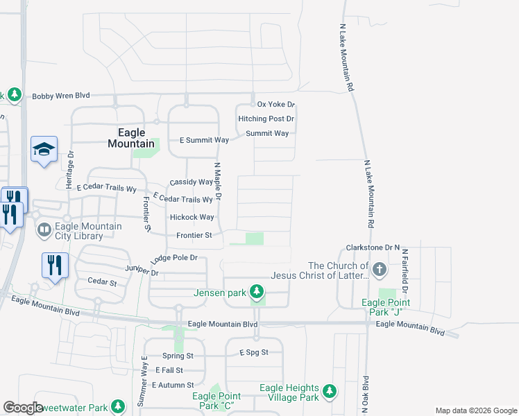 map of restaurants, bars, coffee shops, grocery stores, and more near 2344 East Surry Way in Eagle Mountain