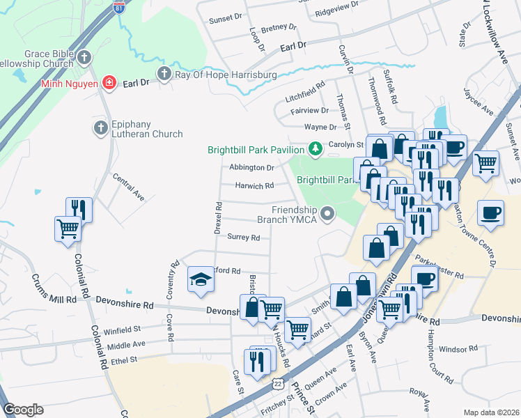 map of restaurants, bars, coffee shops, grocery stores, and more near 4623 Tarryton Road in Harrisburg