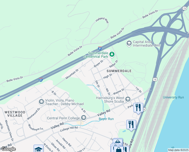 map of restaurants, bars, coffee shops, grocery stores, and more near 407 5th Street in New Cumberland