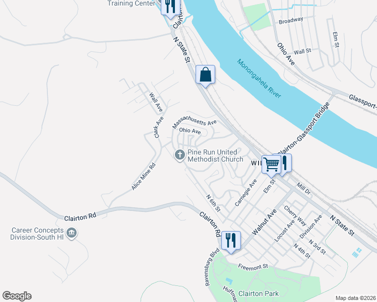 map of restaurants, bars, coffee shops, grocery stores, and more near 408 Dahlia Way in Clairton