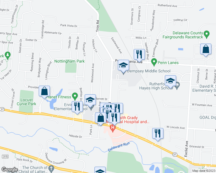 map of restaurants, bars, coffee shops, grocery stores, and more near 149 Troy Road in Delaware