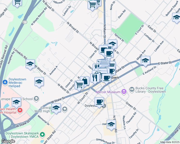 map of restaurants, bars, coffee shops, grocery stores, and more near 85 North Hamilton Street in Doylestown