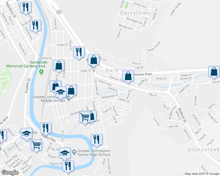 map of restaurants, bars, coffee shops, grocery stores, and more near 203 David Street in Johnstown