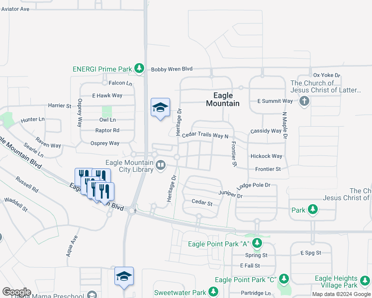 map of restaurants, bars, coffee shops, grocery stores, and more near 1757 American Way in Eagle Mountain