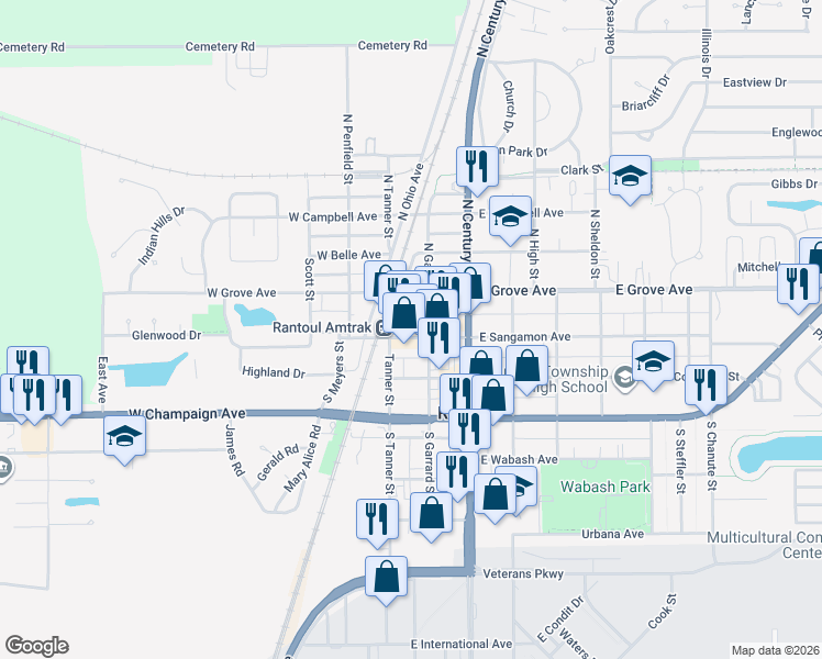 map of restaurants, bars, coffee shops, grocery stores, and more near 117 East Sangamon Avenue in Rantoul
