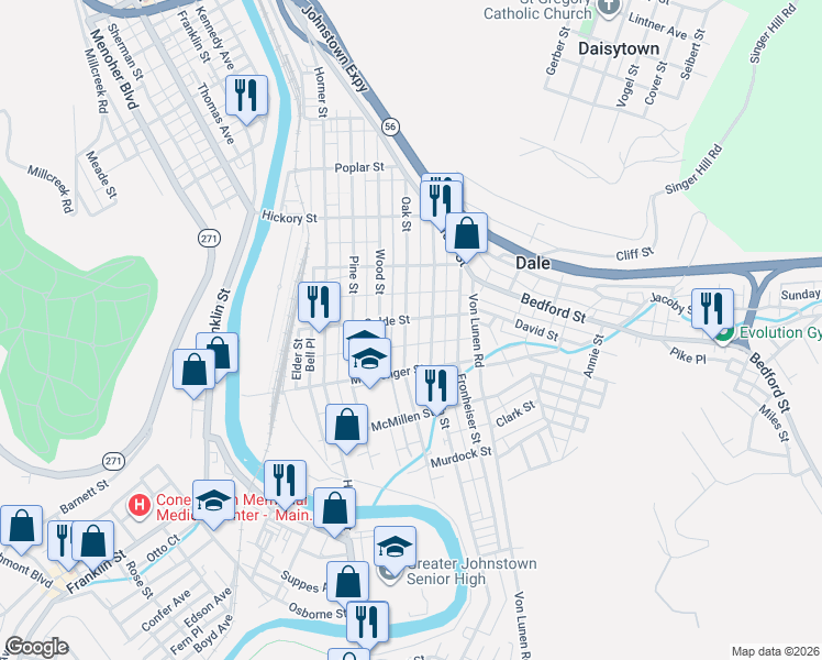 map of restaurants, bars, coffee shops, grocery stores, and more near 607 Oak Street in Johnstown