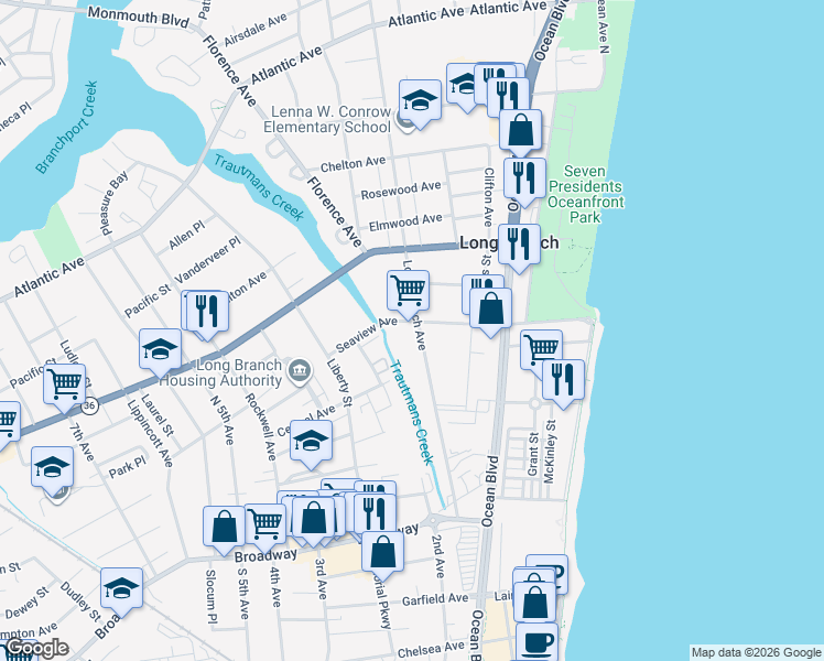 map of restaurants, bars, coffee shops, grocery stores, and more near 218 Seaview Avenue in Long Branch