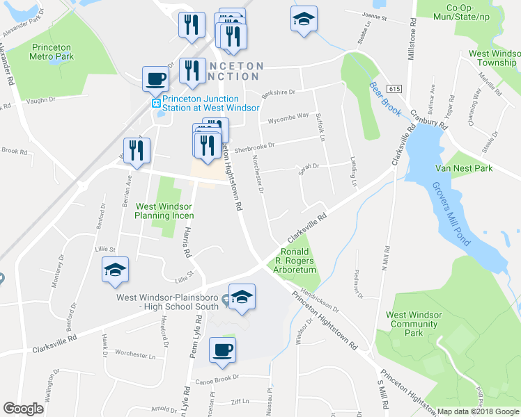 map of restaurants, bars, coffee shops, grocery stores, and more near 20 Norchester Drive in West Windsor Township