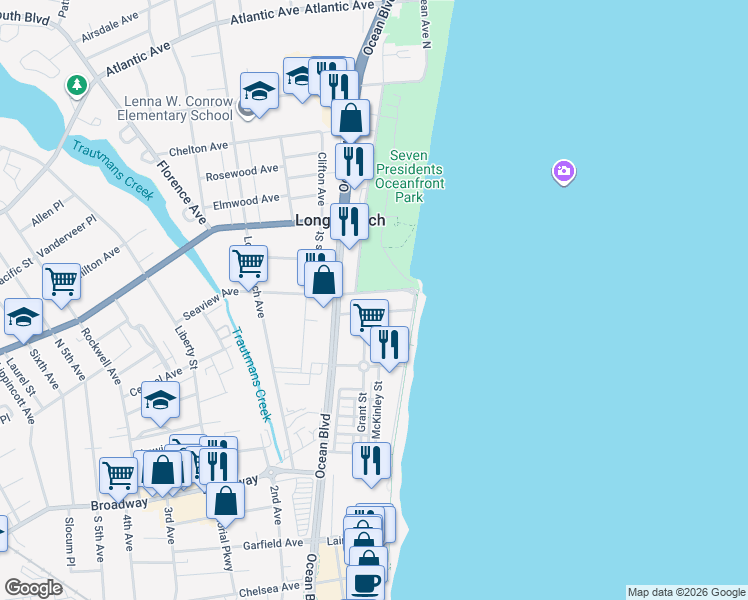 map of restaurants, bars, coffee shops, grocery stores, and more near 34 Seaview Avenue in Long Branch