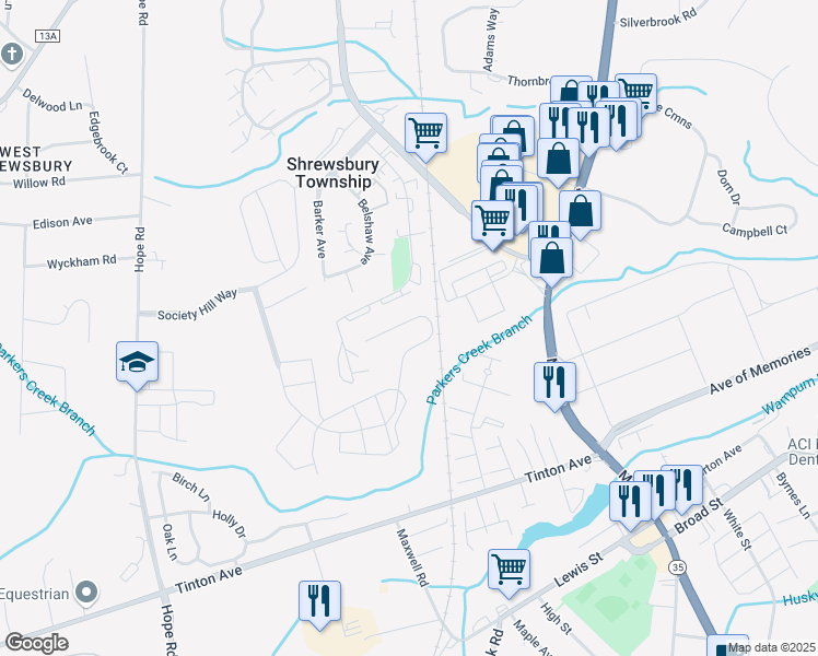 map of restaurants, bars, coffee shops, grocery stores, and more near 29 Churchill Downs Drive in Tinton Falls