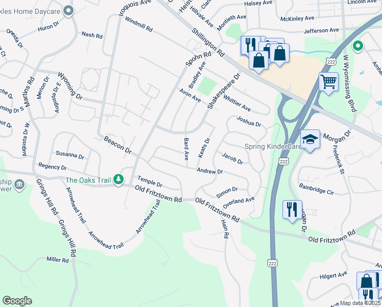 map of restaurants, bars, coffee shops, grocery stores, and more near 311 Bard Avenue in Sinking Spring