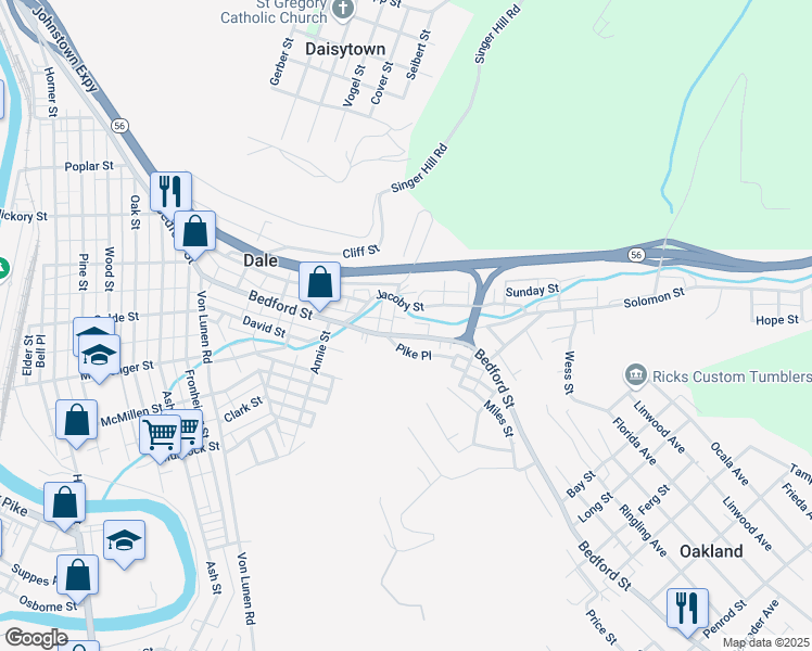 map of restaurants, bars, coffee shops, grocery stores, and more near 1003 Bedford Street in Johnstown