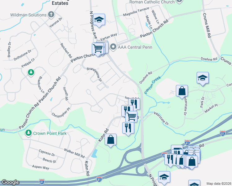 map of restaurants, bars, coffee shops, grocery stores, and more near 2700 Gateway Court in Harrisburg