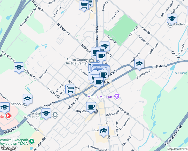 map of restaurants, bars, coffee shops, grocery stores, and more near 8 East Court Street in Doylestown