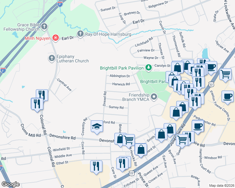 map of restaurants, bars, coffee shops, grocery stores, and more near 4611 Tarryton Rd in Harrisburg