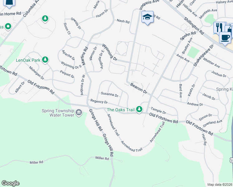 map of restaurants, bars, coffee shops, grocery stores, and more near 3003 Susanna Drive in Sinking Spring