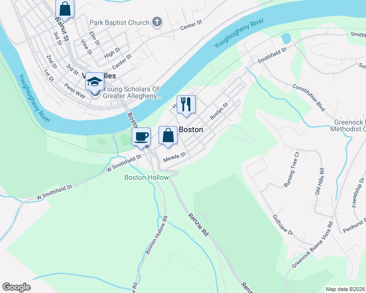 map of restaurants, bars, coffee shops, grocery stores, and more near 5810 Smithfield Street in McKeesport