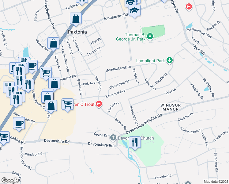 map of restaurants, bars, coffee shops, grocery stores, and more near 5716 Kenwood Avenue in Harrisburg