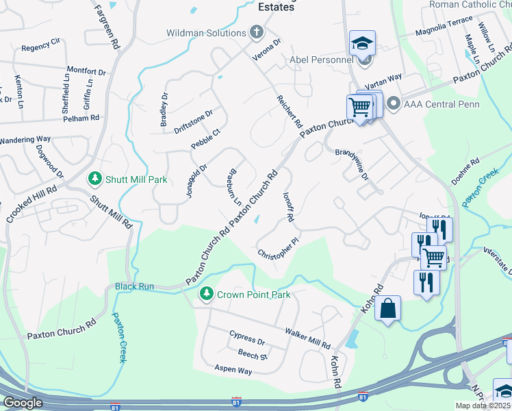 map of restaurants, bars, coffee shops, grocery stores, and more near 1825 Paxton Church Road in Harrisburg