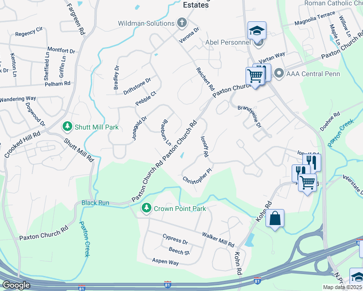 map of restaurants, bars, coffee shops, grocery stores, and more near 1825 Paxton Church Road in Harrisburg