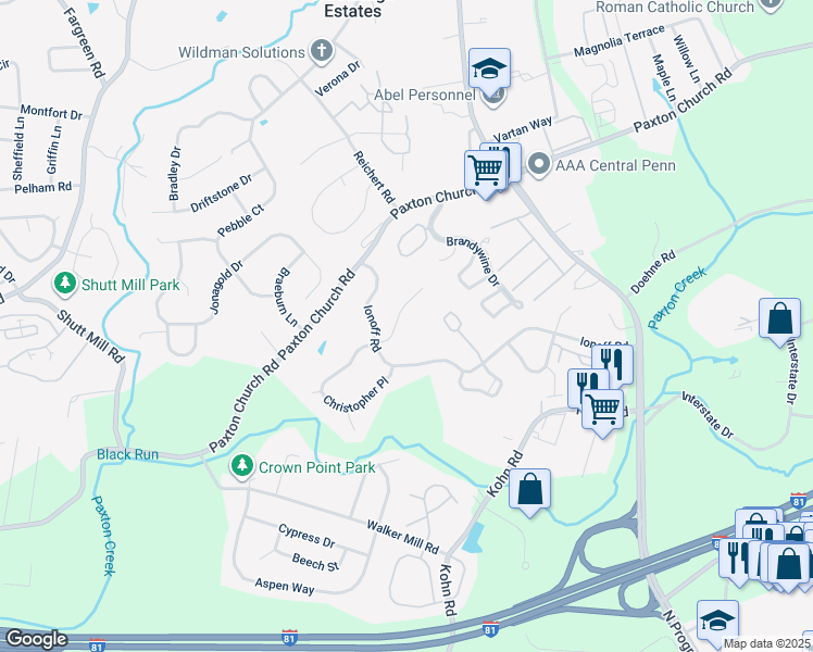 map of restaurants, bars, coffee shops, grocery stores, and more near 2009 Bonita Court in Harrisburg