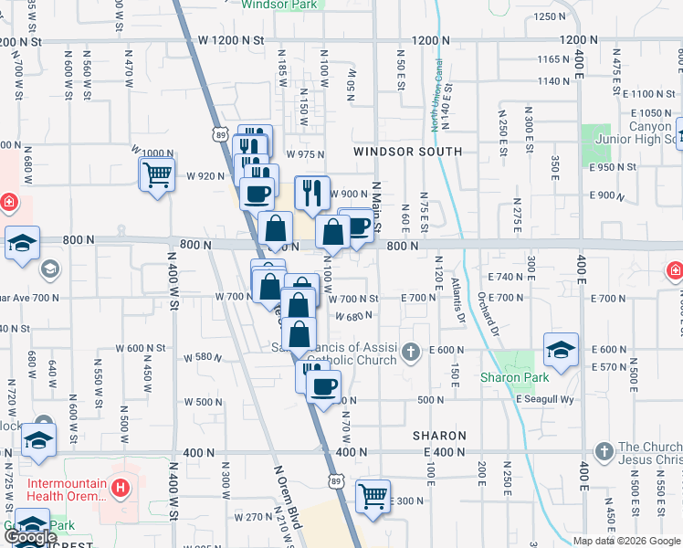 map of restaurants, bars, coffee shops, grocery stores, and more near 80 West 750 North Street in Orem