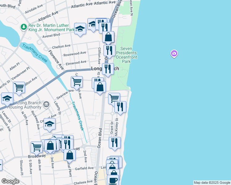 map of restaurants, bars, coffee shops, grocery stores, and more near 34 Seaview Avenue in Long Branch