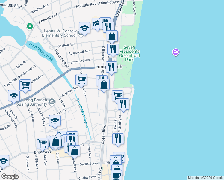 map of restaurants, bars, coffee shops, grocery stores, and more near 67 Seaview Avenue in Long Branch