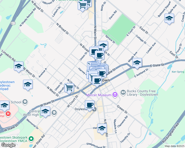 map of restaurants, bars, coffee shops, grocery stores, and more near 8 East Court Street in Doylestown