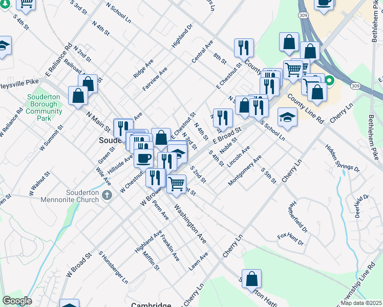 map of restaurants, bars, coffee shops, grocery stores, and more near 19 North 2nd Street in Souderton