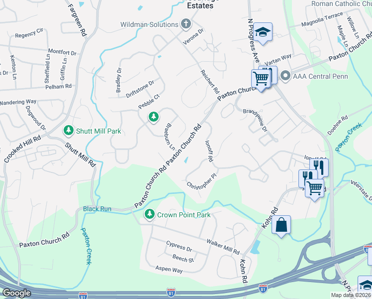 map of restaurants, bars, coffee shops, grocery stores, and more near 1821 Paxton Church Road in Harrisburg