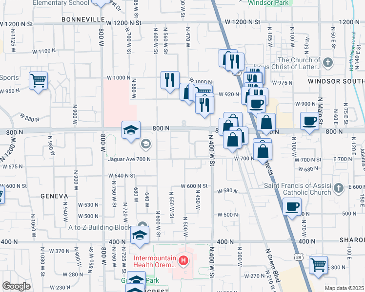map of restaurants, bars, coffee shops, grocery stores, and more near 516 West 740 North Street in Orem