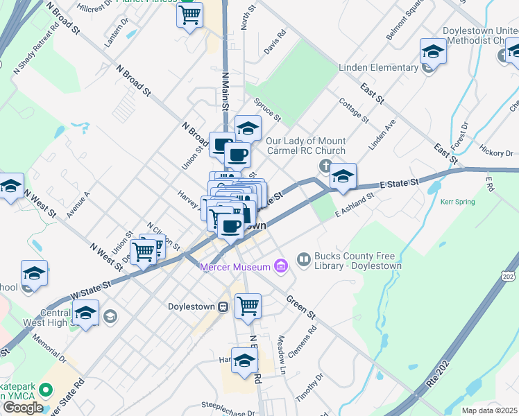 map of restaurants, bars, coffee shops, grocery stores, and more near 80 East State Street in Doylestown