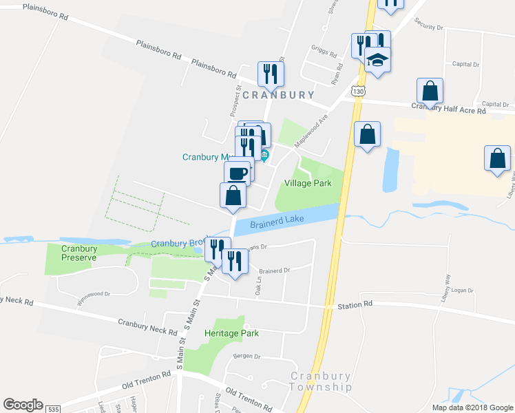 map of restaurants, bars, coffee shops, grocery stores, and more near 1 Scott Avenue in Cranbury Township