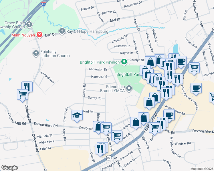 map of restaurants, bars, coffee shops, grocery stores, and more near 4623 Tarryton Road in Harrisburg