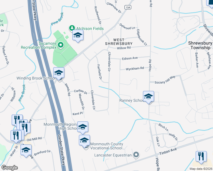 map of restaurants, bars, coffee shops, grocery stores, and more near 151 Cloverdale Circle in Tinton Falls