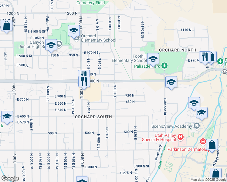 map of restaurants, bars, coffee shops, grocery stores, and more near 749 North 1000 West in Orem