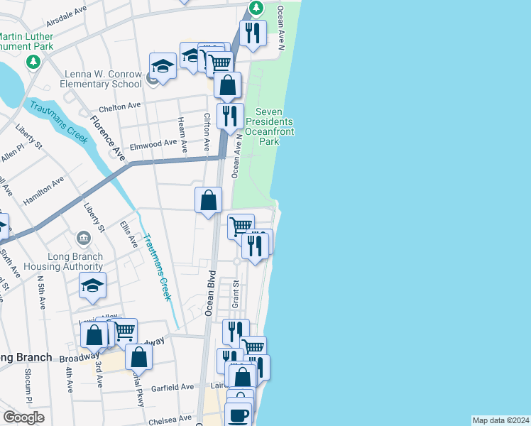 map of restaurants, bars, coffee shops, grocery stores, and more near 172 Ocean Avenue North in Long Branch
