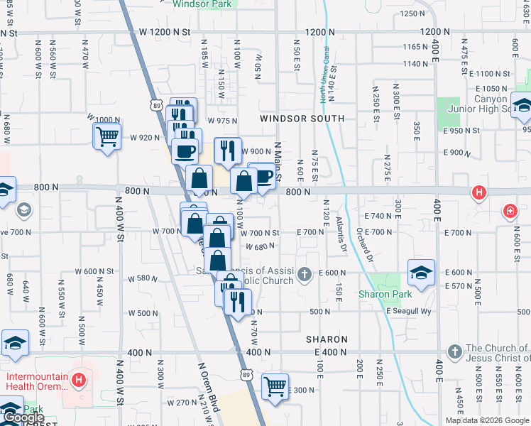 map of restaurants, bars, coffee shops, grocery stores, and more near 40 West 750 North in Orem