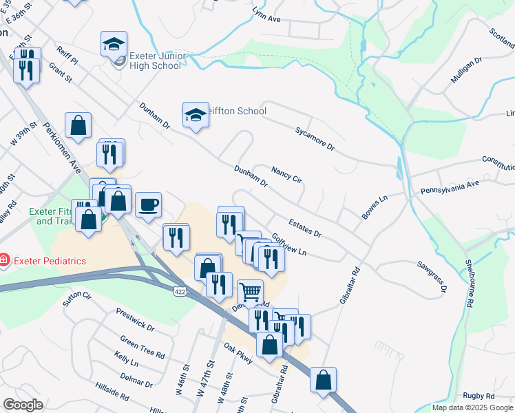 map of restaurants, bars, coffee shops, grocery stores, and more near 34 Estates Drive in Reading