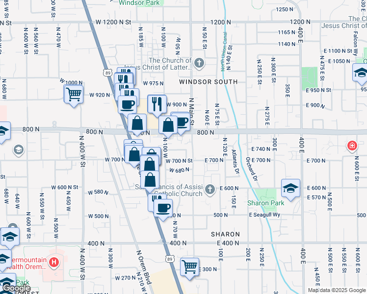 map of restaurants, bars, coffee shops, grocery stores, and more near 40 West 750 North in Orem