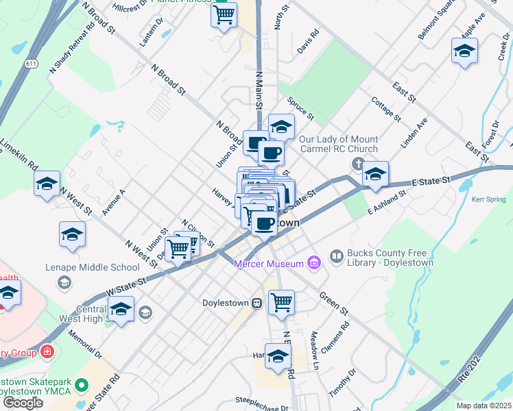 map of restaurants, bars, coffee shops, grocery stores, and more near 3 West Court Street in Doylestown