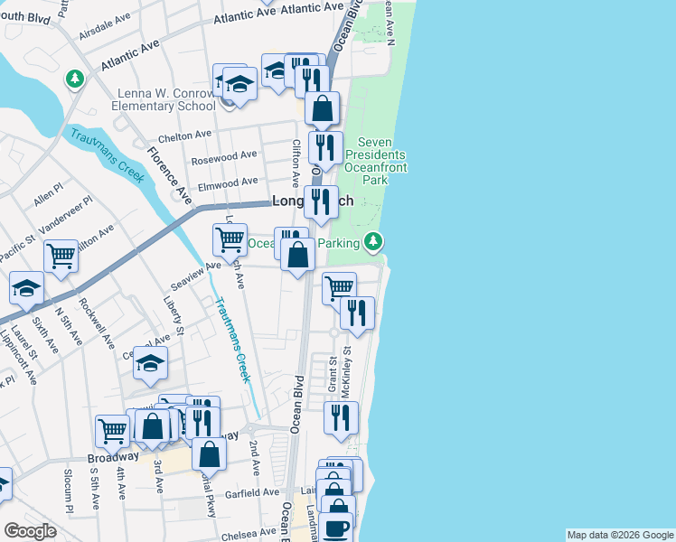 map of restaurants, bars, coffee shops, grocery stores, and more near 46 Seaview Avenue in Long Branch