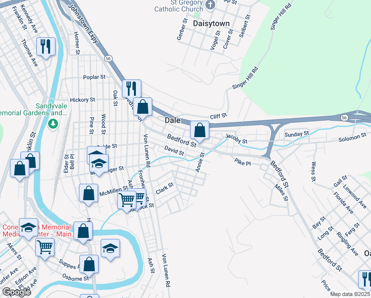 map of restaurants, bars, coffee shops, grocery stores, and more near 261 David Street in Johnstown