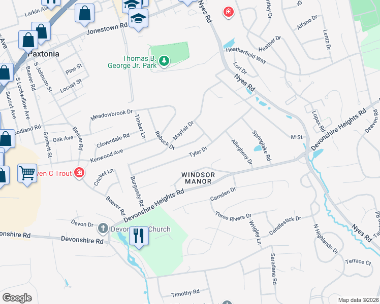 map of restaurants, bars, coffee shops, grocery stores, and more near 6010 Tyler Drive in Harrisburg