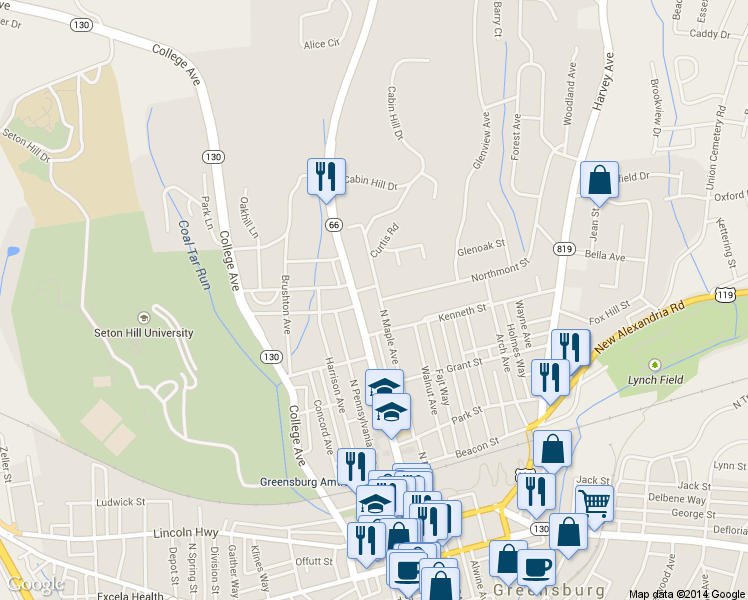 map of restaurants, bars, coffee shops, grocery stores, and more near 528 North Maple Avenue in Greensburg
