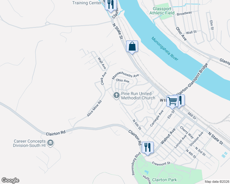map of restaurants, bars, coffee shops, grocery stores, and more near 1026 North 6th Street in Clairton