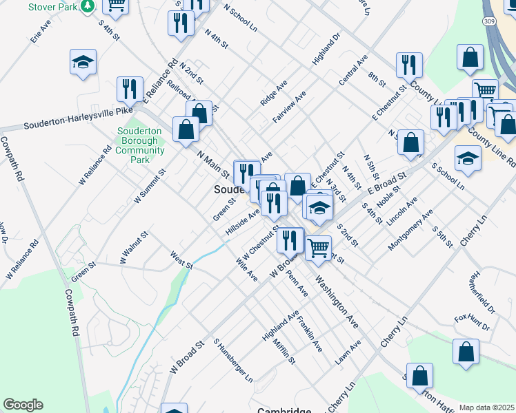 map of restaurants, bars, coffee shops, grocery stores, and more near 142 North Main Street in Souderton
