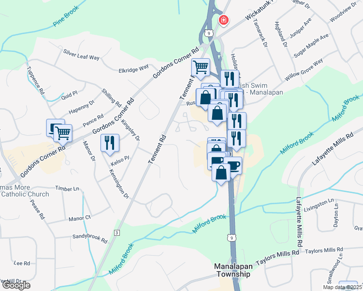 map of restaurants, bars, coffee shops, grocery stores, and more near 6 Winding Woods Way in Manalapan Township