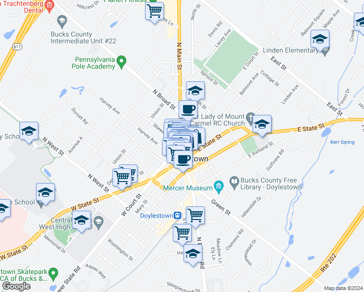 map of restaurants, bars, coffee shops, grocery stores, and more near 2 East Court Street in Doylestown